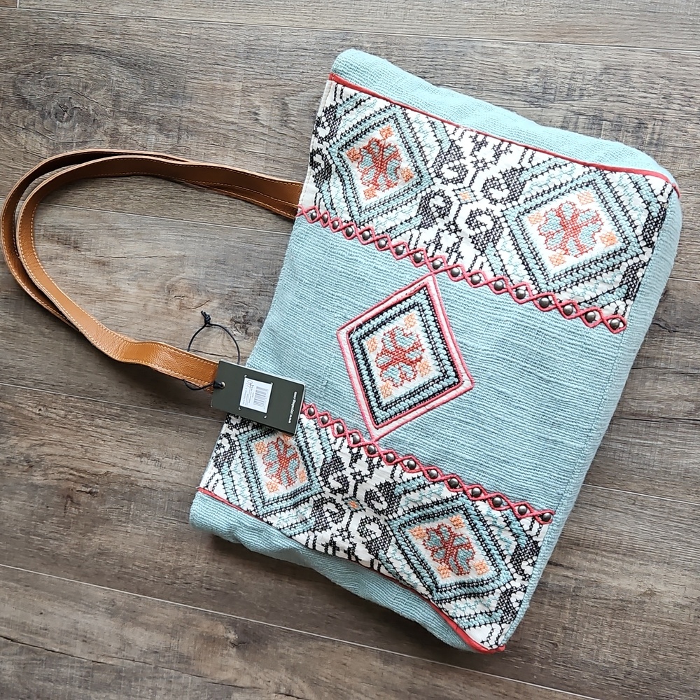 Myra Bag Blue and Brown Tote with Unique Geometric Pattern